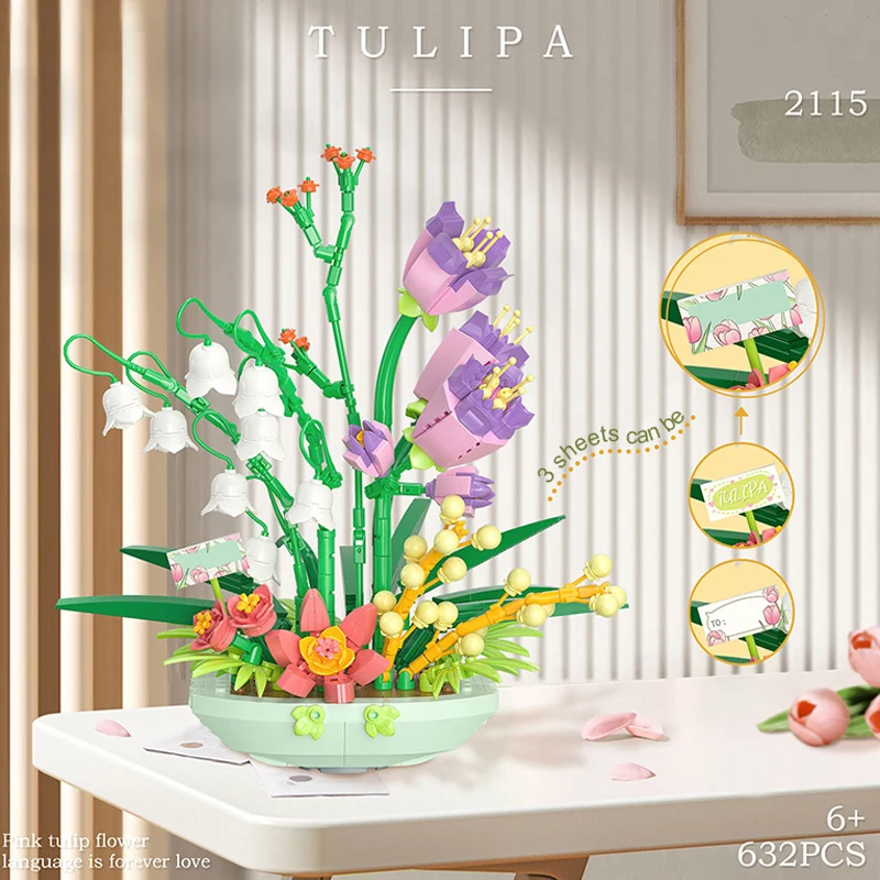 WLtoys 2023 Tulipa Строительные Блоки В Цветочных Горшках 3D Модель Кирпичи DIY Цветы Игрушки Набор на День Святого Валентина Подарок для Девочек взрослых Детей Изображение 1