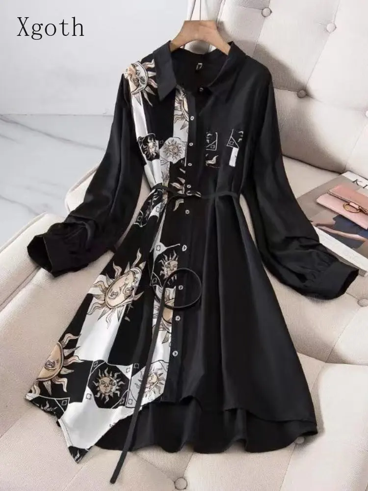 Xgoth Платье-рубашка Большого Размера, Женская мода, Обтягивающий Халат Средней длины, 2023SS, Весна-Осень, Винтажная Сращивающая Тонкая Блузка, Юбка Изображение 0