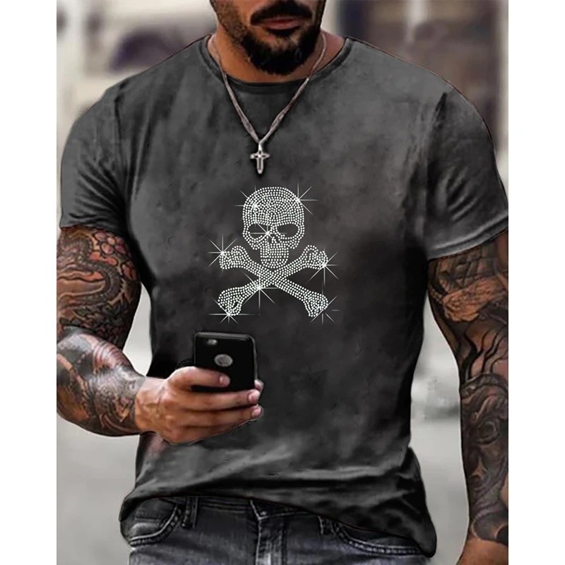 Высококачественные модные мужские футболки большого размера y2k с черепом, дизайнерские топы со стразами, новинка, повседневная одежда, уличная футболка Изображение 0