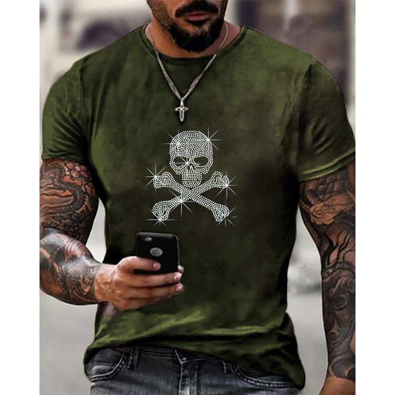 Высококачественные модные мужские футболки большого размера y2k с черепом, дизайнерские топы со стразами, новинка, повседневная одежда, уличная футболка Изображение 1