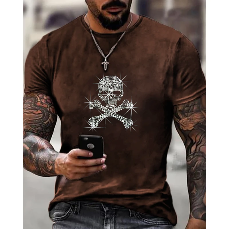 Высококачественные модные мужские футболки большого размера y2k с черепом, дизайнерские топы со стразами, новинка, повседневная одежда, уличная футболка Изображение 2