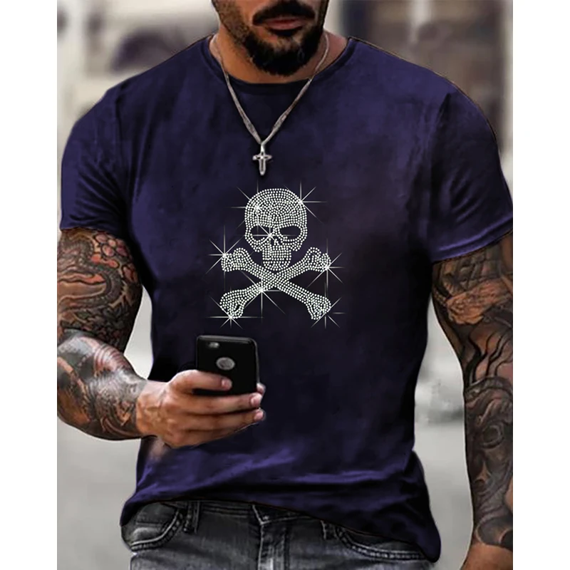 Высококачественные модные мужские футболки большого размера y2k с черепом, дизайнерские топы со стразами, новинка, повседневная одежда, уличная футболка Изображение 3