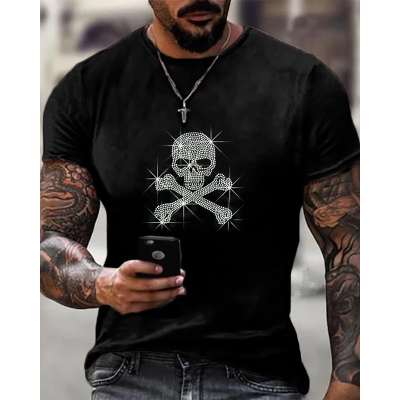 Высококачественные модные мужские футболки большого размера y2k с черепом, дизайнерские топы со стразами, новинка, повседневная одежда, уличная футболка Изображение 4