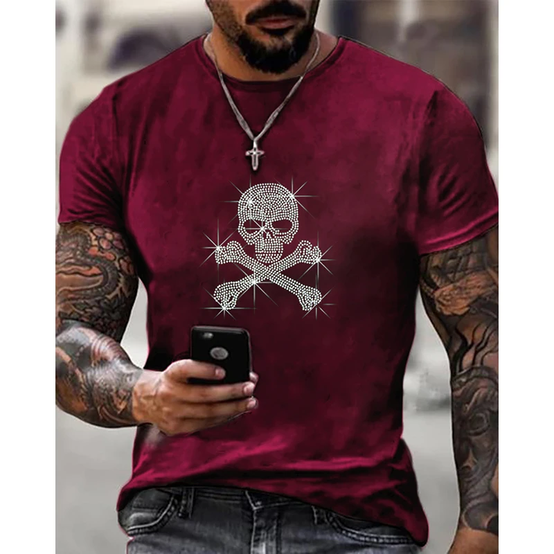 Высококачественные модные мужские футболки большого размера y2k с черепом, дизайнерские топы со стразами, новинка, повседневная одежда, уличная футболка Изображение 5