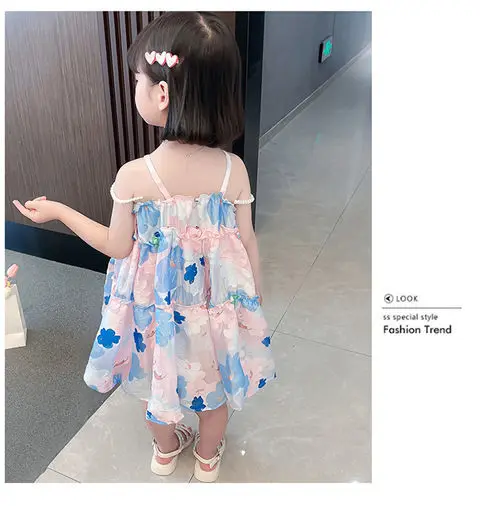 Детское платье для девочек, летняя новинка, милая принцесса, цветочный принт, жемчуг, Элегантная мода, повседневные без рукавов длиной до колен Изображение 3