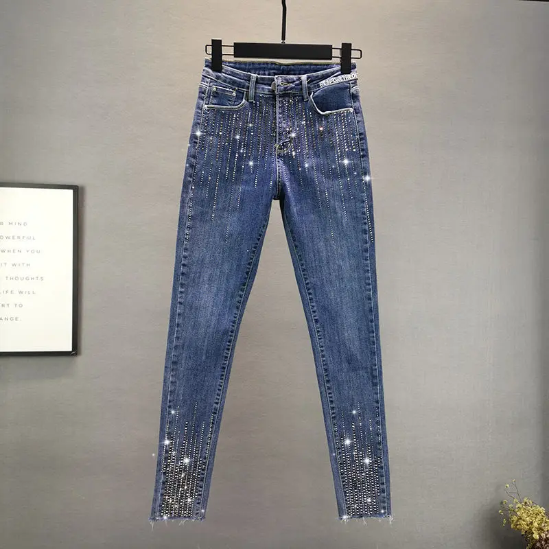 Женские джинсы с бисером, уличная одежда, тонкие джинсы с высокой талией и бриллиантами, женские повседневные брюки-карандаш, брюки большого размера Изображение 0