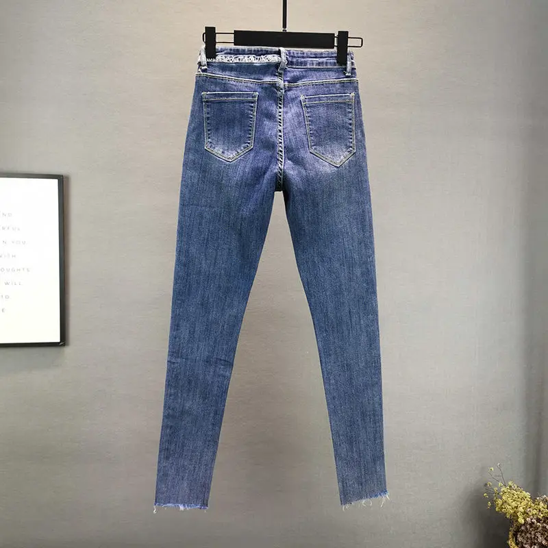 Женские джинсы с бисером, уличная одежда, тонкие джинсы с высокой талией и бриллиантами, женские повседневные брюки-карандаш, брюки большого размера Изображение 1