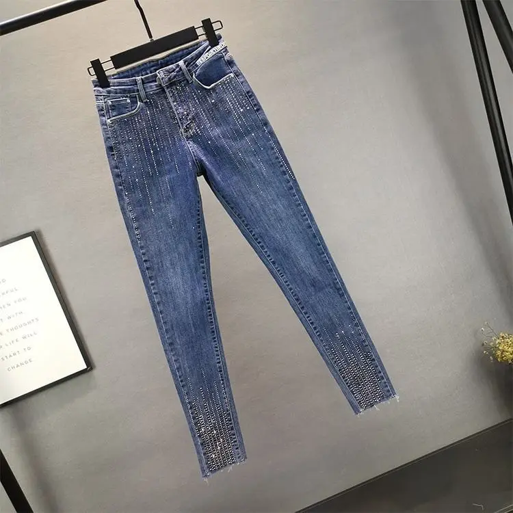 Женские джинсы с бисером, уличная одежда, тонкие джинсы с высокой талией и бриллиантами, женские повседневные брюки-карандаш, брюки большого размера Изображение 2