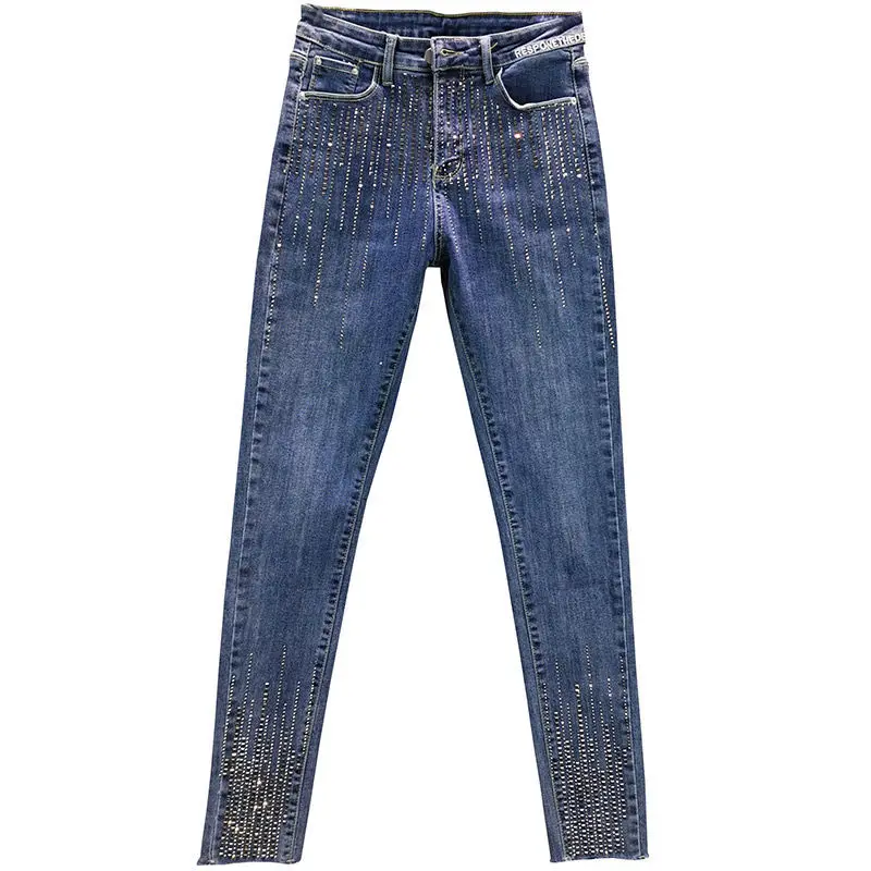 Женские джинсы с бисером, уличная одежда, тонкие джинсы с высокой талией и бриллиантами, женские повседневные брюки-карандаш, брюки большого размера Изображение 4