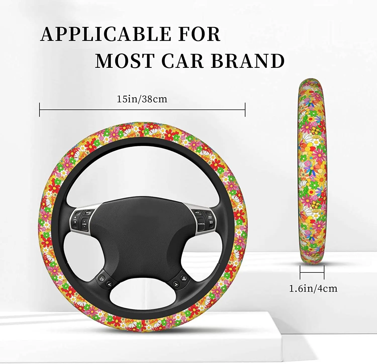 Крышка рулевого колеса в стиле хиппи с цветочным рисунком, неопреновая крышка рулевого управления с универсальной посадкой 15 дюймов Изображение 3