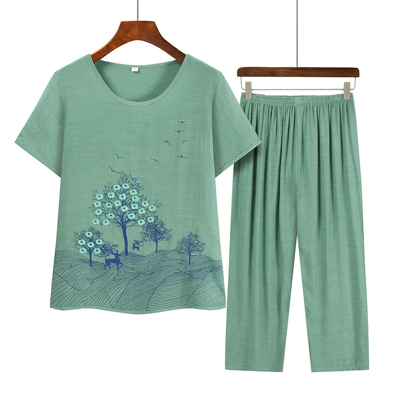 Летние комплекты из двух предметов, женская одежда с круглым вырезом и цветочным принтом, свободная рубашка с коротким рукавом, брюки с высокой талией, костюм 2023 Изображение 0