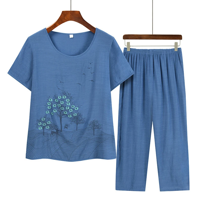 Летние комплекты из двух предметов, женская одежда с круглым вырезом и цветочным принтом, свободная рубашка с коротким рукавом, брюки с высокой талией, костюм 2023 Изображение 1
