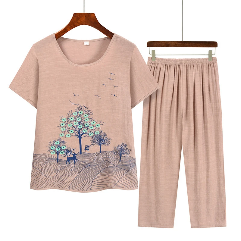 Летние комплекты из двух предметов, женская одежда с круглым вырезом и цветочным принтом, свободная рубашка с коротким рукавом, брюки с высокой талией, костюм 2023 Изображение 2