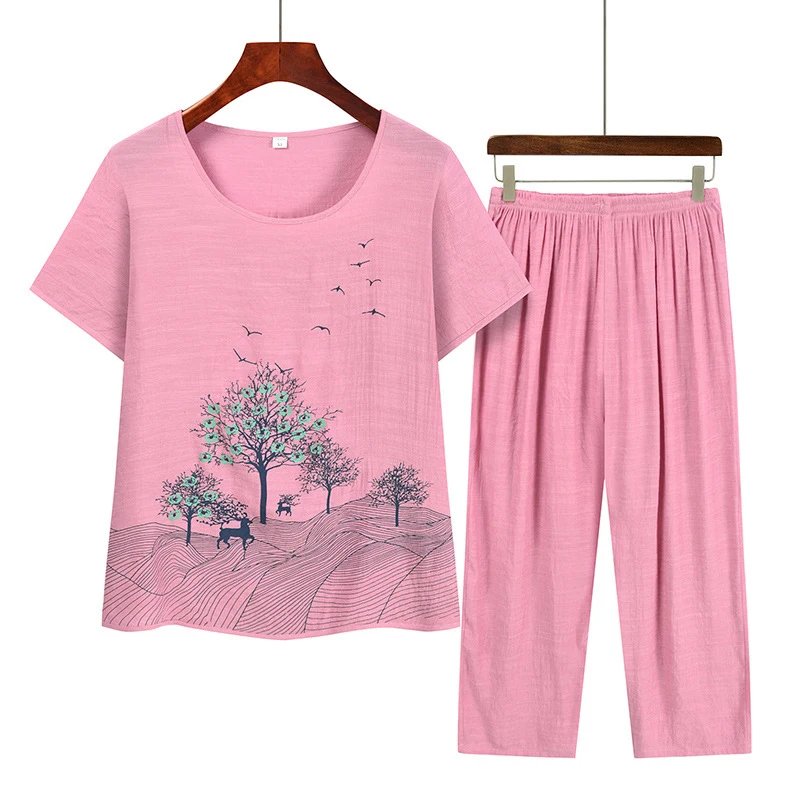 Летние комплекты из двух предметов, женская одежда с круглым вырезом и цветочным принтом, свободная рубашка с коротким рукавом, брюки с высокой талией, костюм 2023 Изображение 3