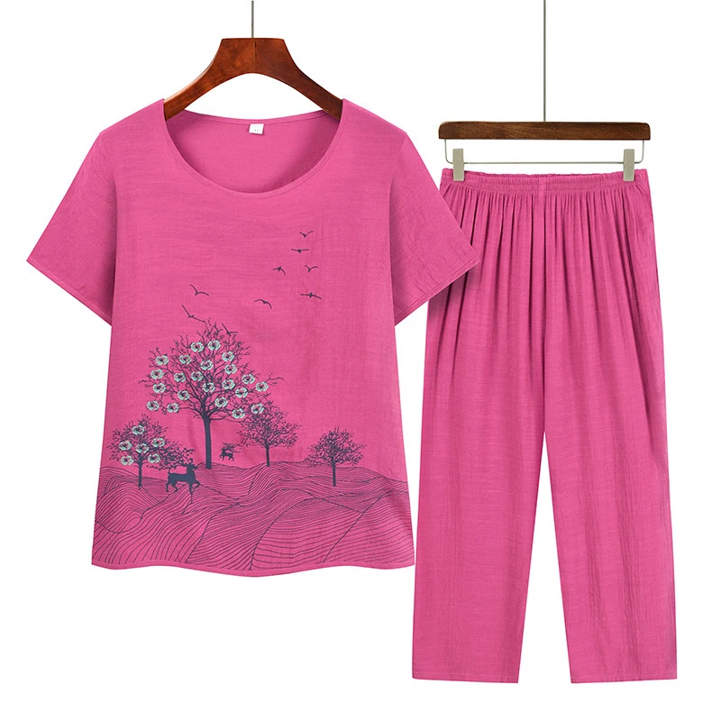 Летние комплекты из двух предметов, женская одежда с круглым вырезом и цветочным принтом, свободная рубашка с коротким рукавом, брюки с высокой талией, костюм 2023 Изображение 4