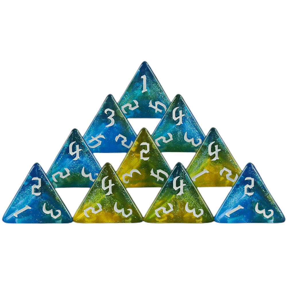 Многогранный 4-сторонний блестящий разноцветный набор цифровых кубиков D4 10 шт. для настольных игр DND, обучающих аксессуаров для игр Изображение 3