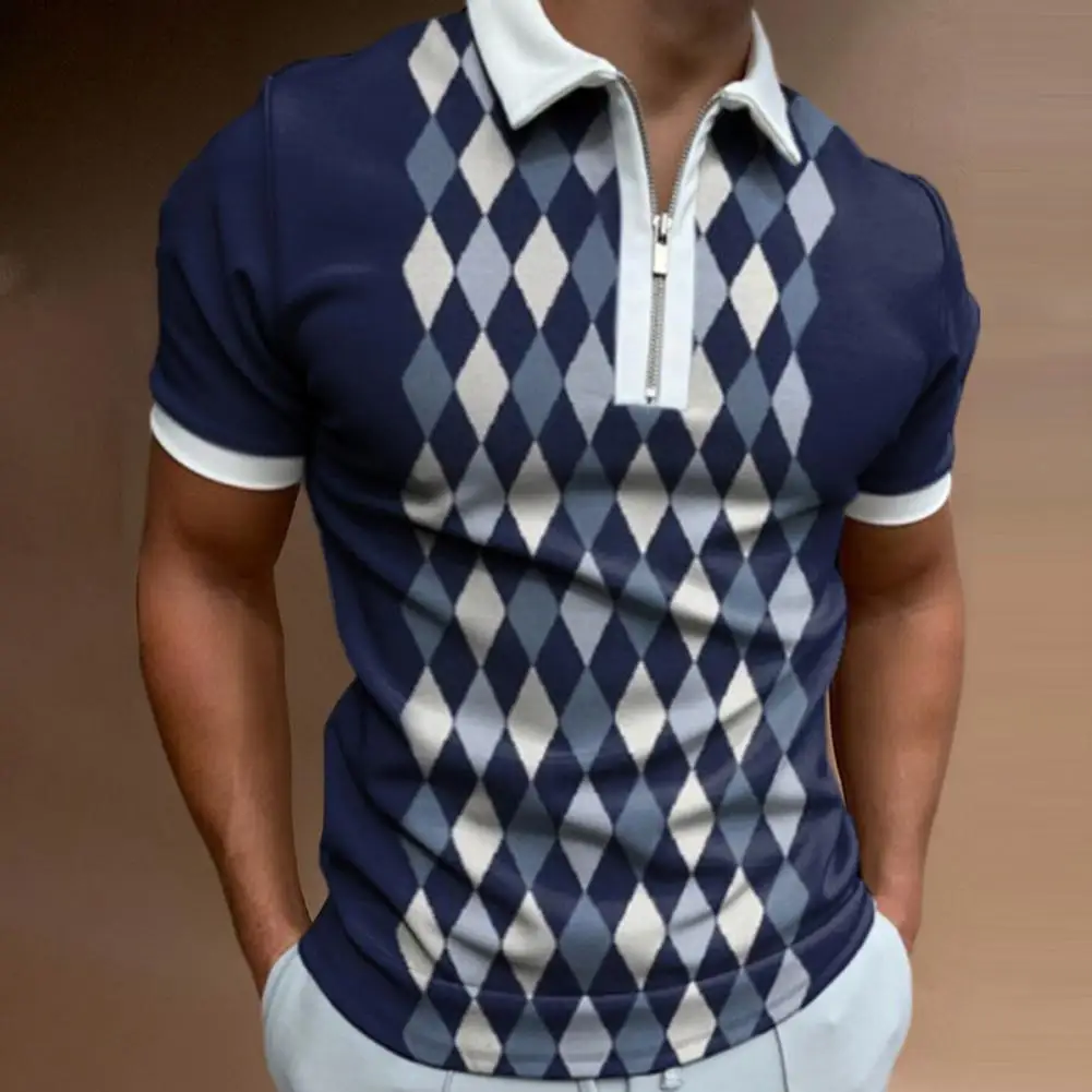 Мужская футболка с отложным воротником и коротким рукавом, быстросохнущая футболка с геометрическим принтом на шее, мужская одежда  Изображение 1