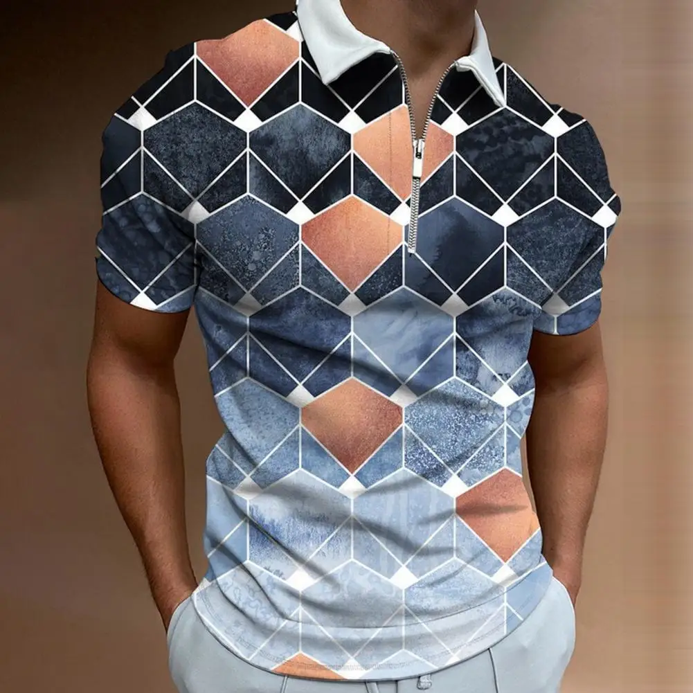 Мужская футболка с отложным воротником и коротким рукавом, быстросохнущая футболка с геометрическим принтом на шее, мужская одежда  Изображение 2