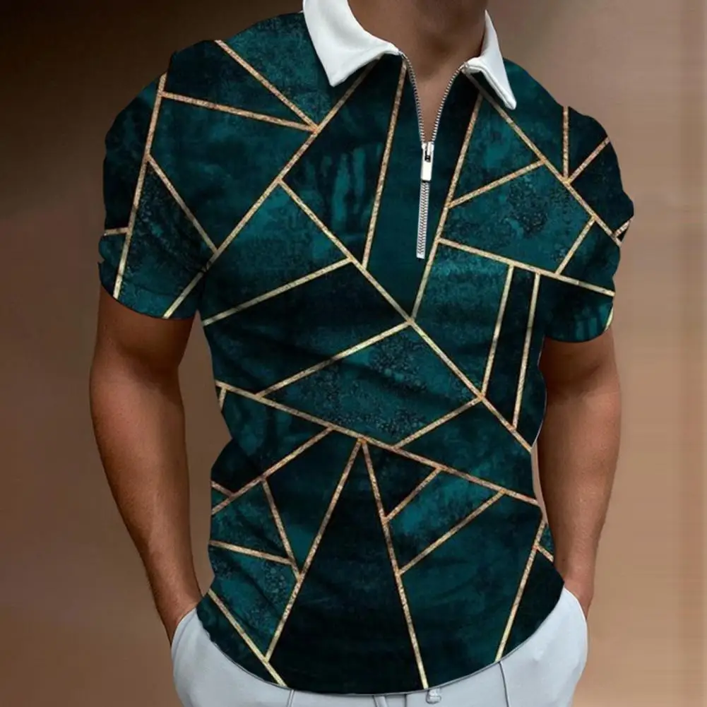 Мужская футболка с отложным воротником и коротким рукавом, быстросохнущая футболка с геометрическим принтом на шее, мужская одежда  Изображение 3