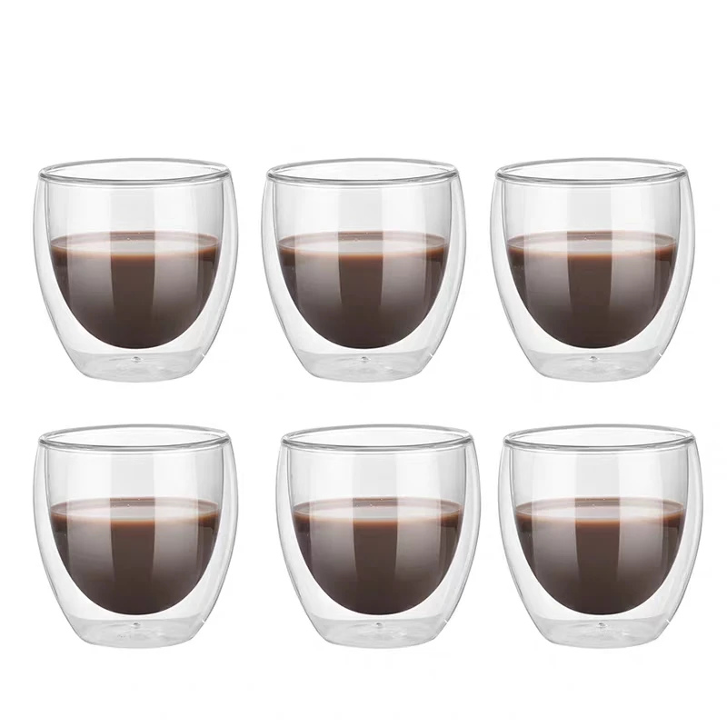 Набор стеклянных кофейных чашек, 2/6 двухслойных, термостойких, используются для офиса, напитков, чашек эспрессо или молока Изображение 0