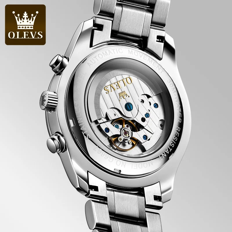 Оригинальные механические часы OLEVS с автоматическим управлением для мужчин, хронограф фазы Луны, водонепроницаемые Мужские наручные часы с кожаным ремешком, деловые часы Изображение 5