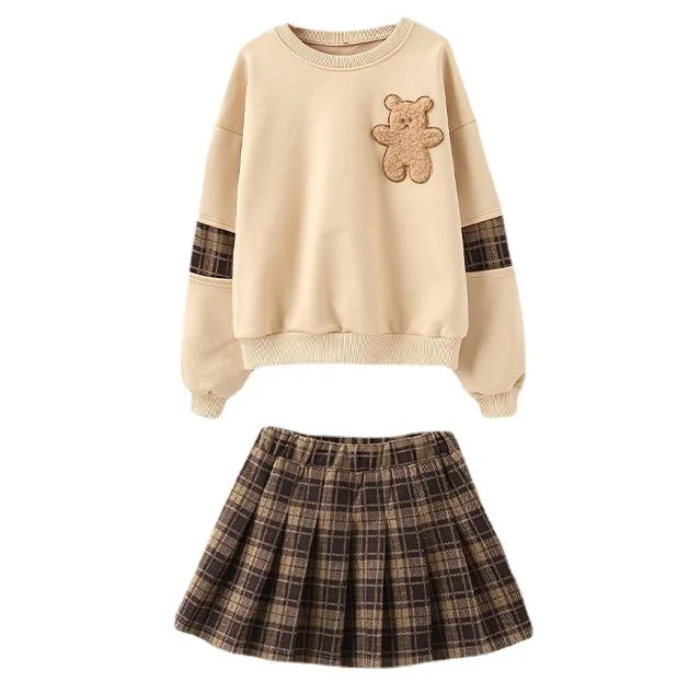 осенне-зимняя одежда для девочек, футболка с капюшоном с медведем для подростков + клетчатые шорты, плиссированная юбка JK, униформа для 4, 5, 6, 7, 8, 9, 10, 11, 12 лет Изображение 1