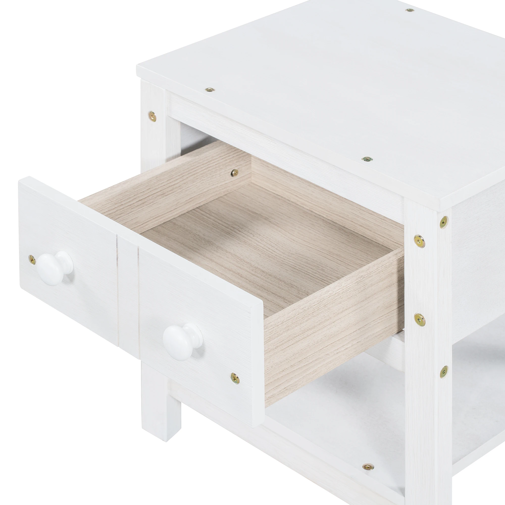 Прикроватный столик, деревянная тумбочка с одним выдвижным ящиком и одной полкой, современный стиль (комплект из 2 предметов) - Матово-белый Изображение 4
