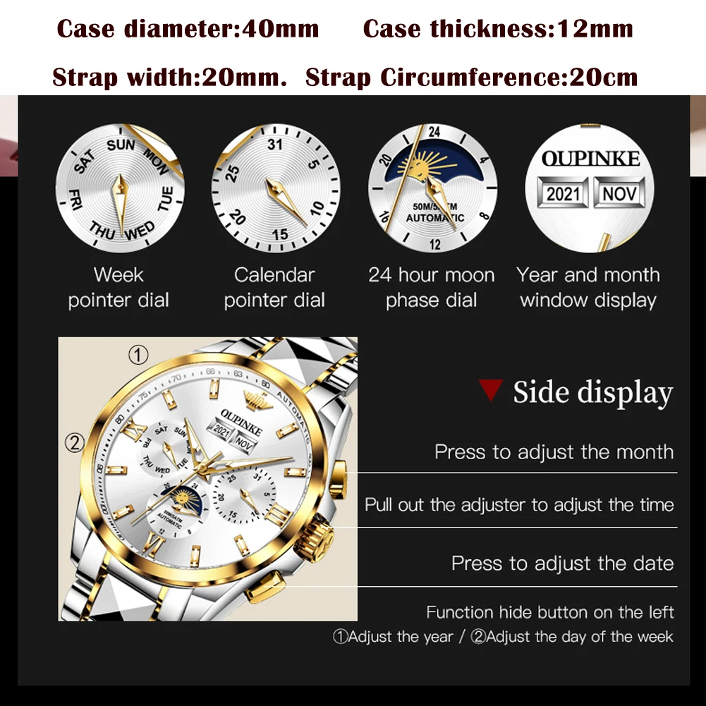 Роскошные Часы OUPINKE для Мужчин, Автоматические Механические Часы, Водонепроницаемые Сапфировые Зеркальные Мужские Деловые Наручные Часы, Лидирующий Бренд Moonswatch Изображение 2