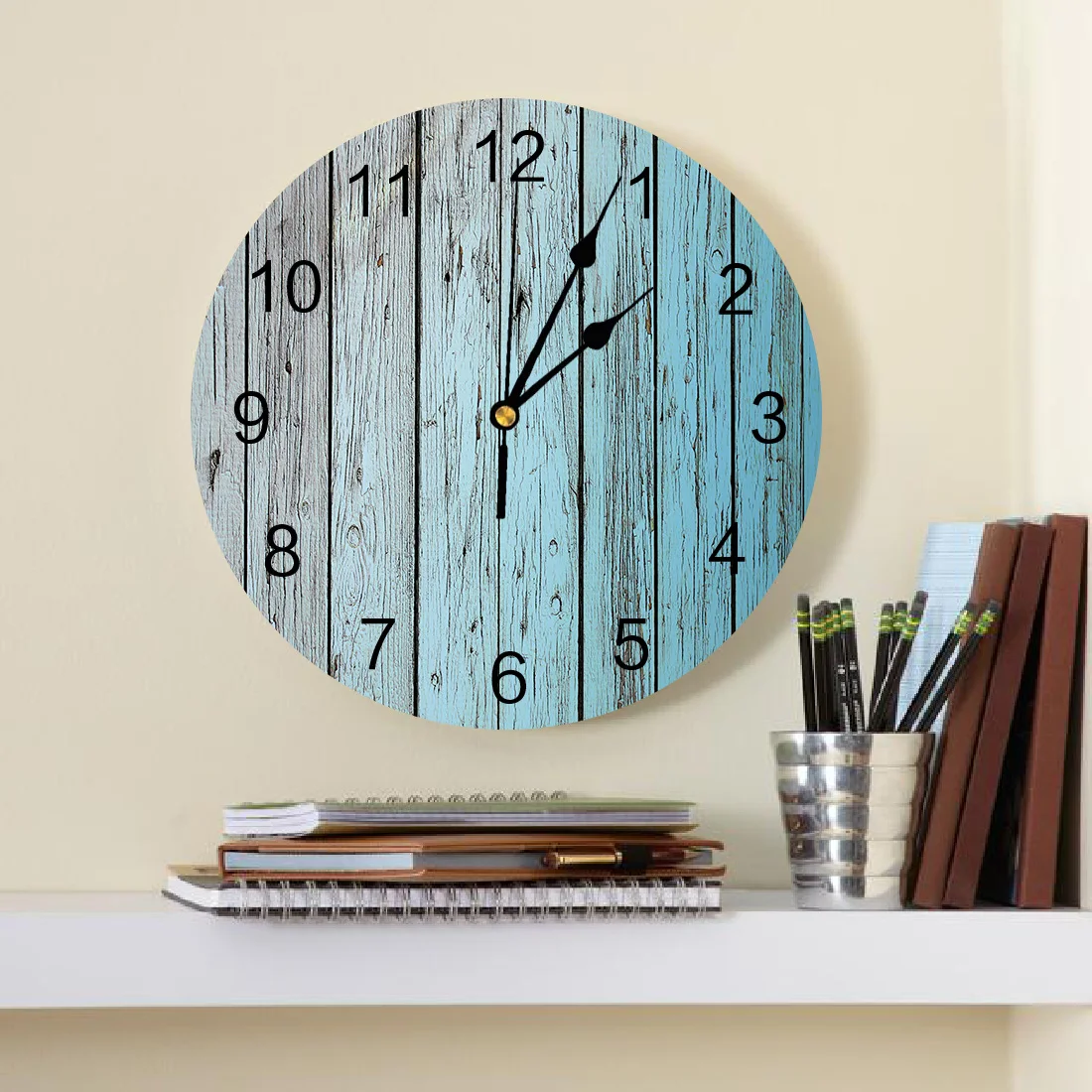 Синие винтажные декоративные Круглые настенные часы из потертого дерева с арабскими цифрами, Дизайн Не тикающих настенных часов, Большие для спальни, ванной комнаты Изображение 1