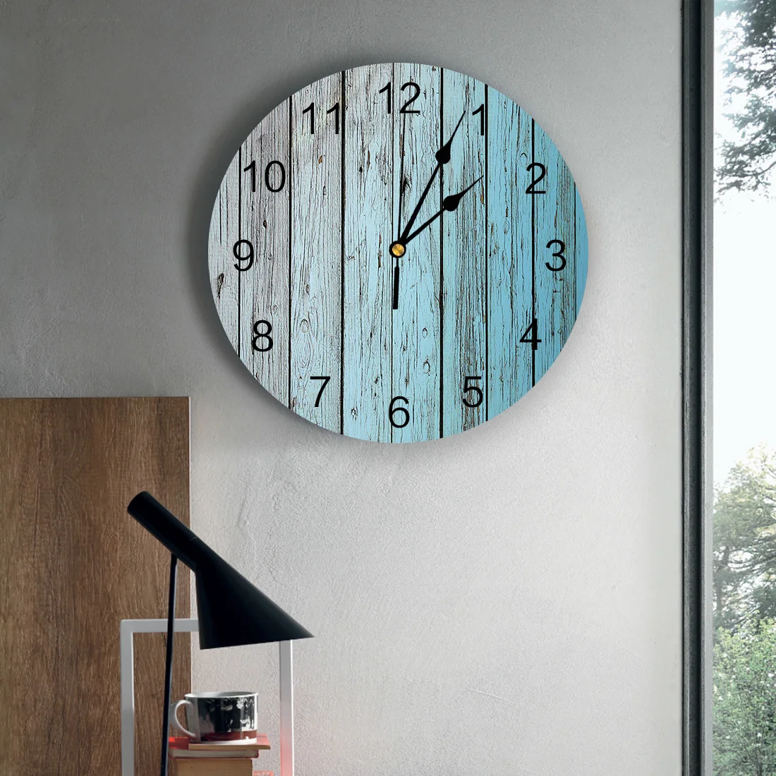 Синие винтажные декоративные Круглые настенные часы из потертого дерева с арабскими цифрами, Дизайн Не тикающих настенных часов, Большие для спальни, ванной комнаты Изображение 3