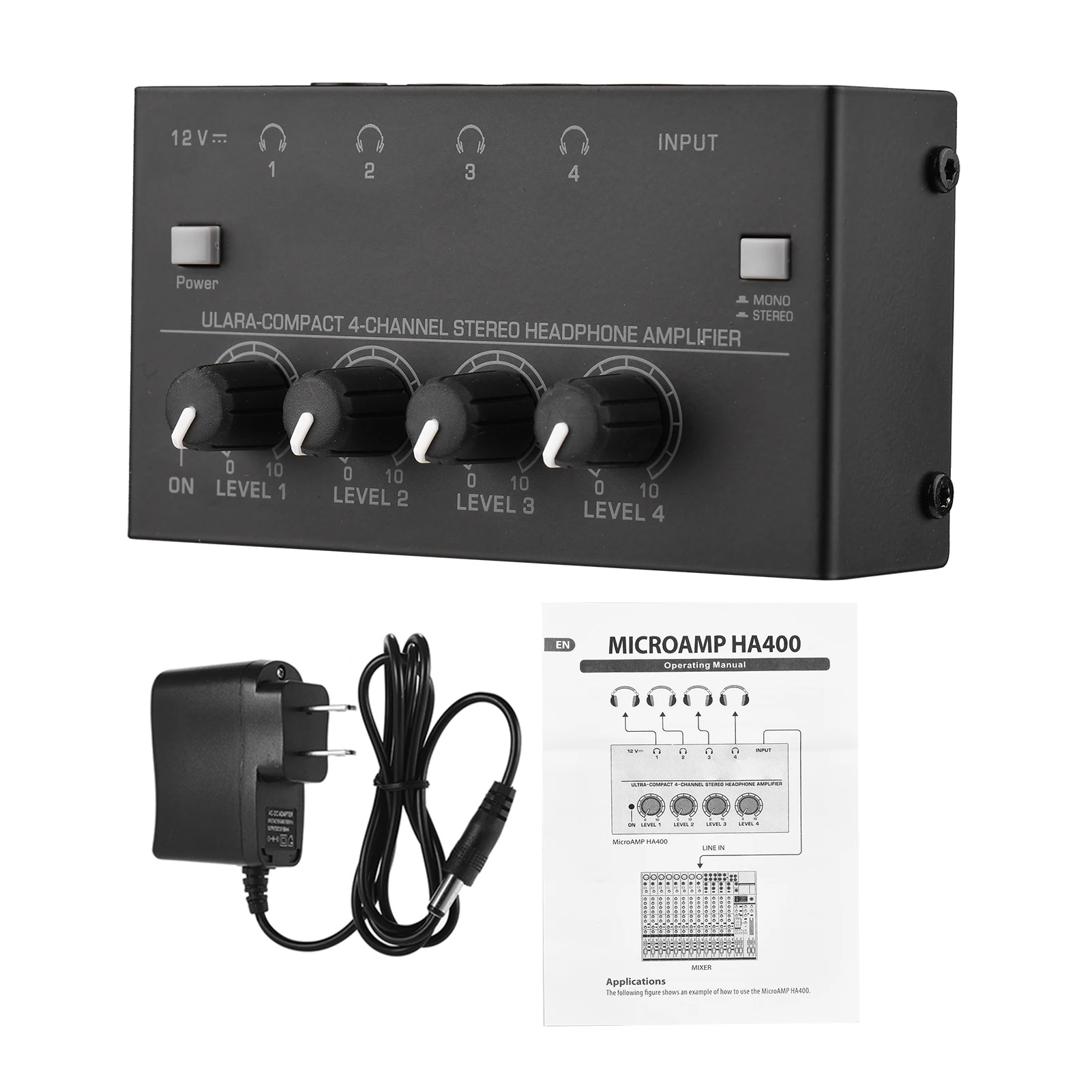 Ультракомпактный 4-канальный стереоусилитель для наушников, модернизированный мини-аудиоусилитель с переключателем моно и стерео, адаптер питания для студии Изображение 1