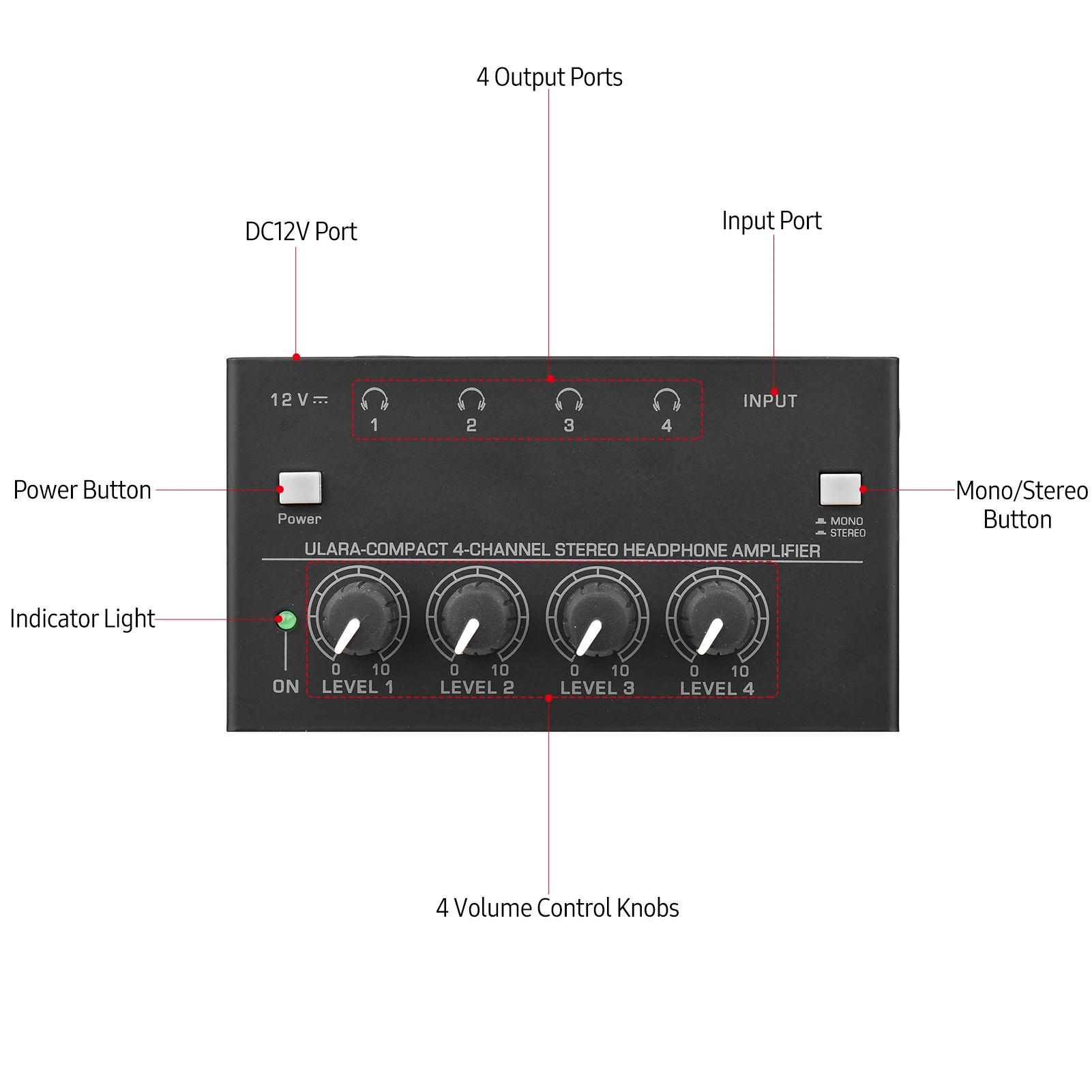 Ультракомпактный 4-канальный стереоусилитель для наушников, модернизированный мини-аудиоусилитель с переключателем моно и стерео, адаптер питания для студии Изображение 3