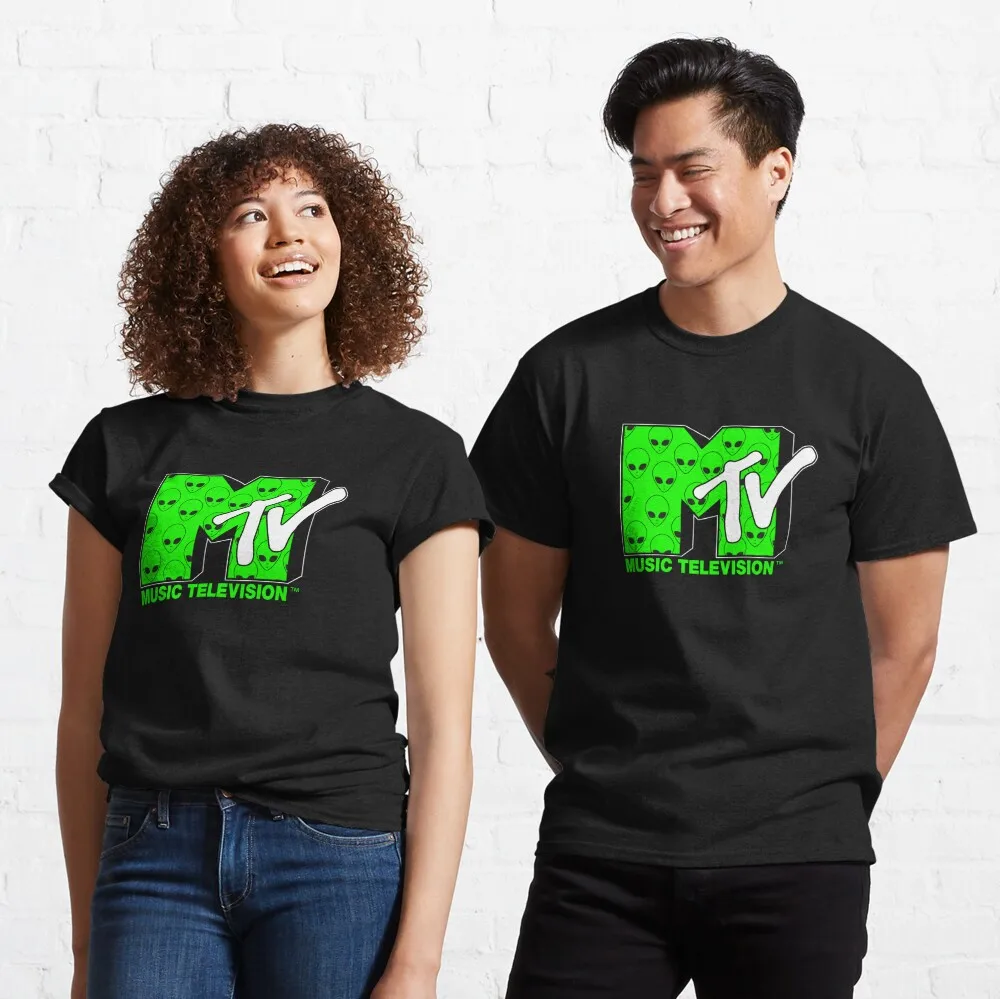 Футболка с электрическим зеленым неоновым логотипом MTV в стиле ретро с инопланетянином, мужская хлопчатобумажная футболка, пустые футболки, мужская одежда Изображение 1
